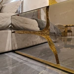 Mirror Stainless Steel Nightstand with Hammered Gold Accents & Burl Natural Wood Veneer